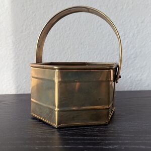 Vintage Solid Brass Small Hexagon Basket W/ Fold Down Handle 2.5'' X 4"